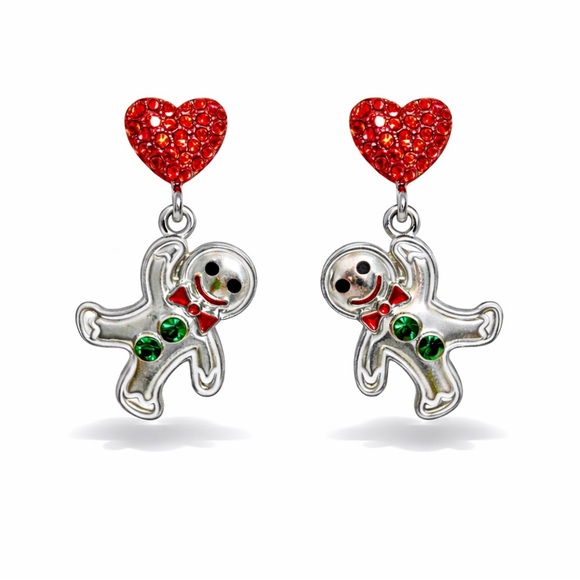 Anthropologie Jewelry - ⚜️ Silver Gingerbread Man Earrings with Red Hearts